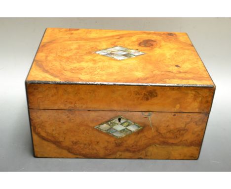 A Victorian abalone and mother of pearl inlaid walnut veneered sewing box, fitted interior