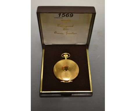 A modern gold plated hunter cased lady's fob watch, white dial, Arabic numerals, subsidiary second, button wind movement, mar