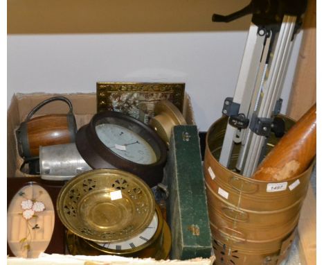 A wall clock, barometer, metalware, tankards, tripod, turned treen baton; pewter; qty