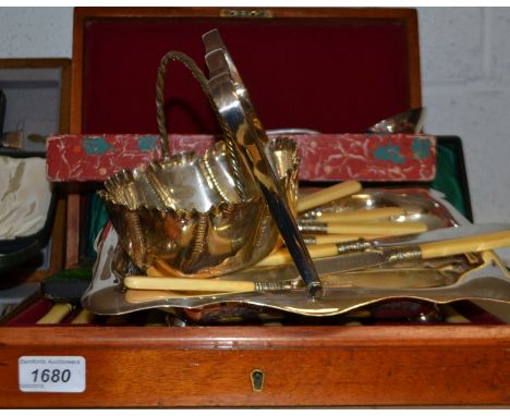 A Victorian silver plated swing handled basket; a silver plated soup ladle; silver plated bon-bon basket; EPNS fish knives an