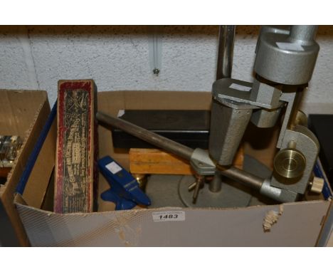 A Charles Perry Prefect 4245 microscope; set of graduated engineer's weights, cased; another; miniature anvils; a drill bit, 