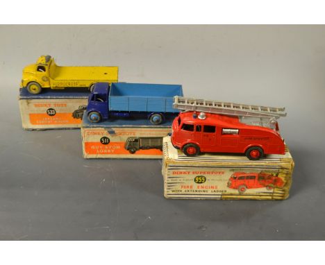 Dinky Toys - 511 Guy 4-Ton Lorry;  533 Leyland Cement Wagon; orange labels; a  955 Fire Engine, extending Ladder, stripped bo