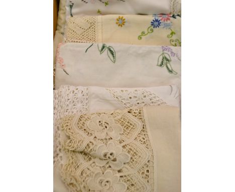 Textiles - table cloths, lace edged linen runner; others, similar; quantity (1 box)