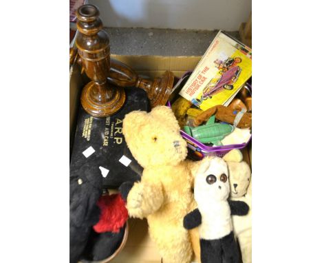 A WWII ARP fire warden's first aid tin; a teddy bear, poodle, other soft toys,; a pair of turned treen candlesticks; canteen 