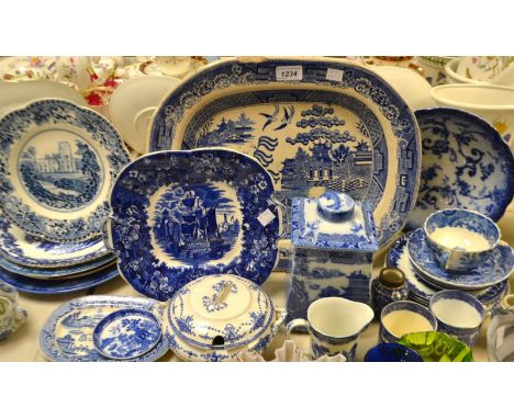 A Ringtons Willow pattern square shaped tea caddy, transfer printed in blue and white; other Victorian Staffordshire blue and