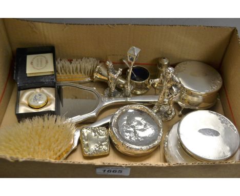 A six piece silver mounted dressing table set, brushes, hand mirror, powder bowl, trinket pot and cover, modern; a modern ena