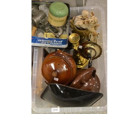 Kitchenalia - a brown enamel kettle; a single large brass candlestick; knife sharpener; a set of balance scales with graduate