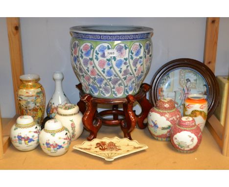 Ceramics - a Chinese planter;  a graduated pair of Famille Rose ginger jars;  others;  a double gord bottle vase etc qty