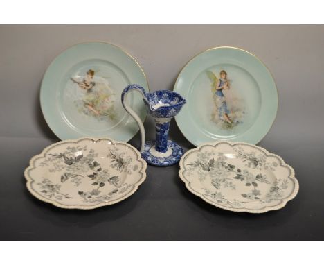 A Cauldon blue and white transfer printed chamber stick; a pair of Royal Cauldon plates, transfer printed with images of fair