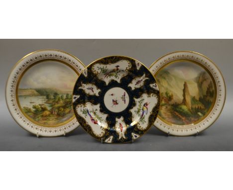 A Graingers and Co Royal Worcester scale blue plate, painted with fan and vase shaped reserves with birds and insects, printe