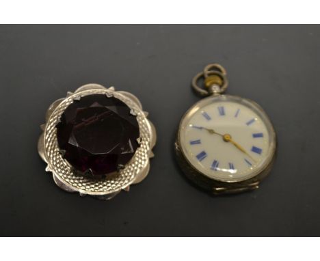 A Scottish style amethyst glass and silver brooch, Birmingham 1966;  a continental 935 silver open face lady's fob watch, whi