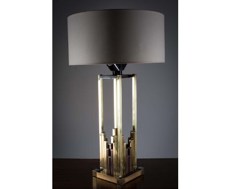 A CHROME AND GILT SQUARE TABLE LAMP, ITALIAN, 1970s, 20 cm (w) x 20 (d) x 68 (h).