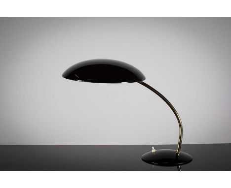 A 1960s ANGULAR DESK LAMP, the black adjustable shade on a brass tubular support, 48 cm (w) x 35 (h).
