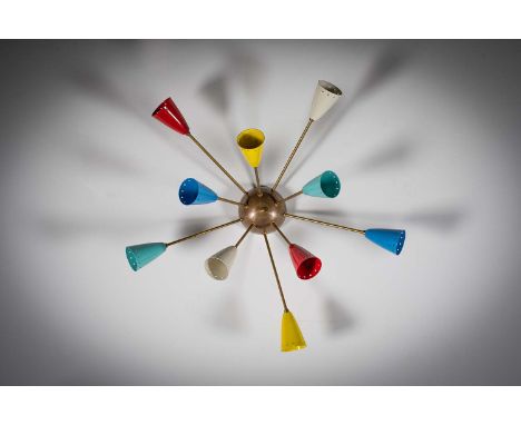 A BRASS AND ENAMEL SPUTNIK WALL,CEILING LIGHT, ITLIAN 1960s, with ten arms, 79 cm (w) x 76 (d).