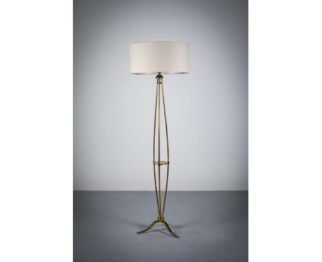 A CHROME AND GILT STANDARD LAMP, FRENCH 1970s, on tripod base, 150 cm (h) 
