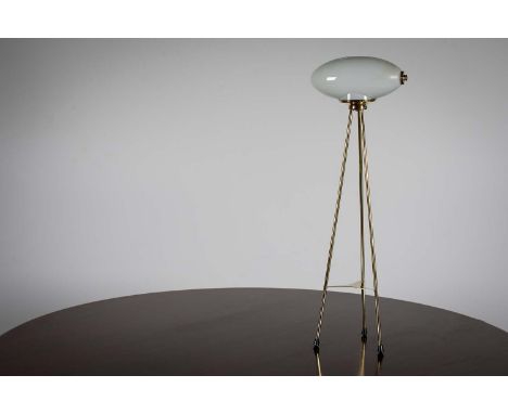 AN ITALIAN 1960s TABLE LAMP, with milk glass shade and brass tripod support, 69 cm (h)