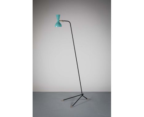 AN ITALIAN FLOOR LIGHT, with blue enamel adjustable shade, on brass and tubular metal support and tripod base, 190 cm (h).
