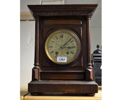 A 19th century oak bracket clock, silvered dial, Lenzirch spiral gong chiming movement, architectural case, c.1880