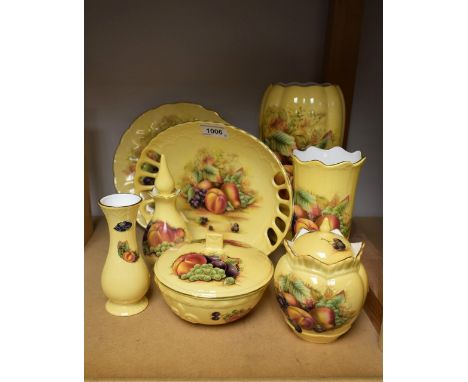 Aynsley Orchard Gold - A large ridged tapering vase, another smaller;  a crown top jar;  others  trinket dish etc (8)