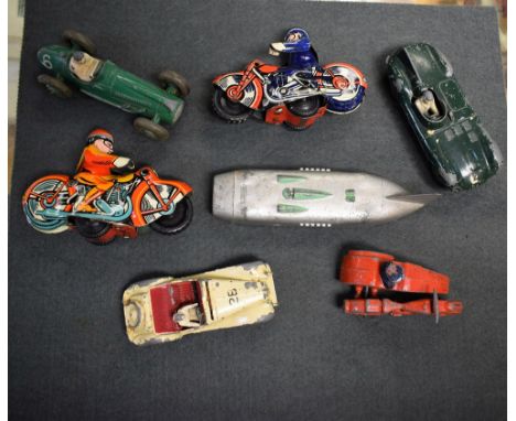 Toys - a pair of friction powered tin plate motorcyclists; another motorbike and sidecar; Dinky toys 23G Cooper - Bristol; et