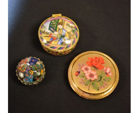 A Chinese trinket box; a millefiori glass patch bow; a compact