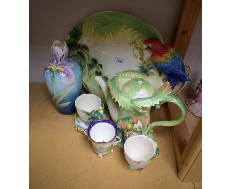 A Franz porcelain tray, high relief Parrot design, 43cm wide; a Franz porcelain coffee pot, Parrot design; a Franz porcelain 