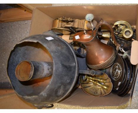 Metalware - an Empire style desk barometer and clock; a John Tylor of London copper samovar; others, brass candlesticks, etc