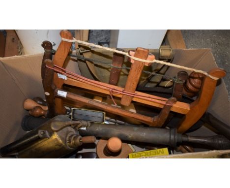 Tools - wooden bow saws, brass sprayers, chisels, etc