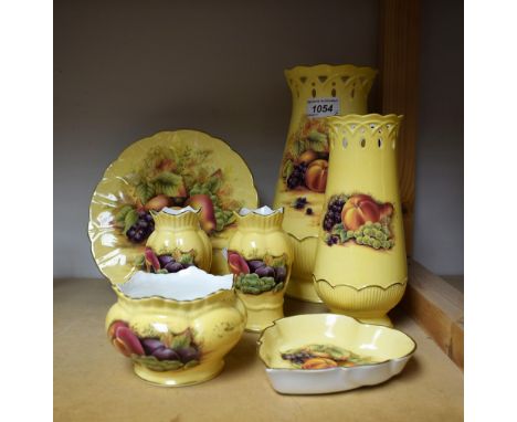Aynsley Orchard Gold - A large pierced topped tapering vase, another smaller;  others trinket dish etc (7)
