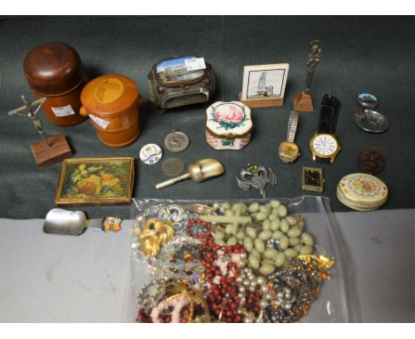 Boxes and Objects - a Mauchline ware wooden pail; a turned hardwood apothecary box; others, costume jewellery, watches, etc