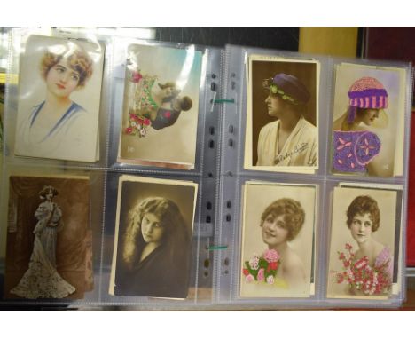 Postcards - vintage collection of pretty girl postcards, including actresses, embroidered, names, etc.