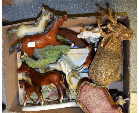 A Katzhutte ceramic model of horse and foal; a Royal Worcester model of a Wood Warbler; another, frog; other animal models an