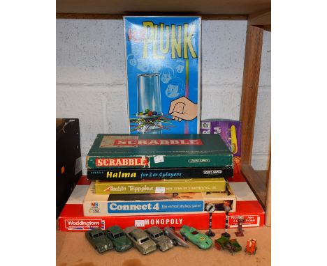 Toys and Games - Dinky toys, 157 jaguar; others Riley, Ford, Sedan, Morris Oxford, 236 Connaught; etc Monopoly, Ker-plunk,; e