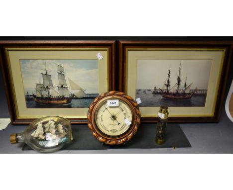 Boxes and Objects - a Barnby & Rust, Hull oak rope twist barometer; a brass three drawer telescope; others, ship in a bottle;