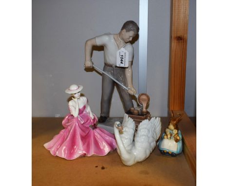 Ceramics - a Bing & Gronghal figure Foundry man No 2335;  a Lladro Swan;  Coalport  lady Alana;  a Beswick Mrs Bunny and chil