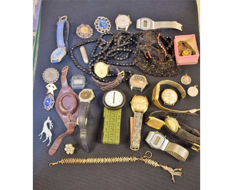 Jewellery and watches - costume and silver jewellery to include silver bar brooches, a plated Albertina, French Jet bead neck