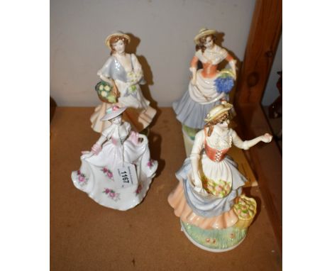 Ceramics - a Royal Worcester Goose Girl figure; three similar figures, Sweet Rose, Market Day and Fruit Picking, all numbered