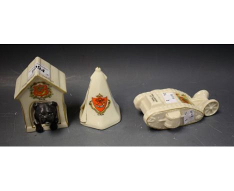 A crested china model of a British tank; others, a Shelley model of The Black Watch bulldog in kennel and a bell tent, all wi