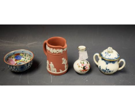 A miniature Wedgwood jug; a Royal Worcester two handled pot and cover; an Oriental bowl and vase (4)