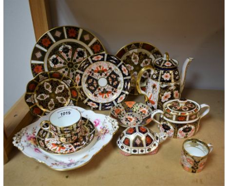 Royal Crown Derby - a 2451 pattern Imari coffee pot; a 2451 pattern tea cup and saucer; a Sampson and Hancock Imari saucer; a