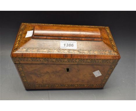 An early 19th Century burr walnut tea caddy, Tunbridge inlay   Condition Report:  Both lids present and plain