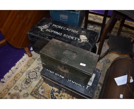 A wooden and two tin boxes, two painted up for Morecambe Homing Society (Pigeon)