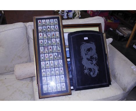A pair of Oriental lacquered panels, various coloured prints, cigarette cards, Lester Piggott montage print etc.