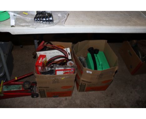 A set of Jump leads, fuel can and various tools