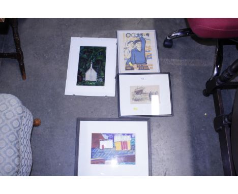 A watercolour 'Sheds by the Waveney'; prints by Emily Carr; Continental picture and a framed humorous Victorian print