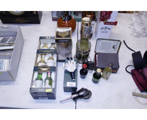 A novelty bottle stopper, various miniature whiskies and other spirits, hip flask etc.