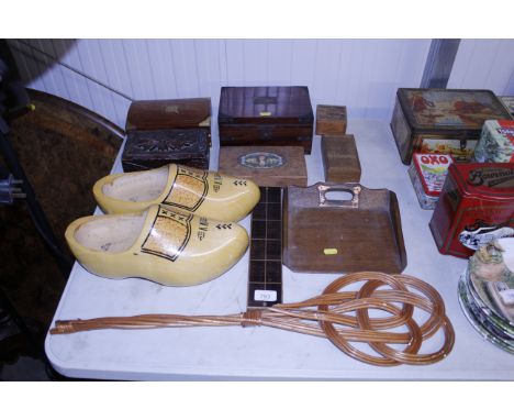 A quantity of various wooden ware to include trinket boxes, crumb tray, carpet beater, pair of clogs etc.