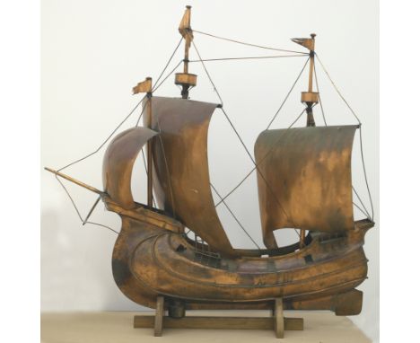 A Rare Copper Arts & Craft Weather Vane:
In the form of a William de Morgan style three mast sailing ship, the detached base 