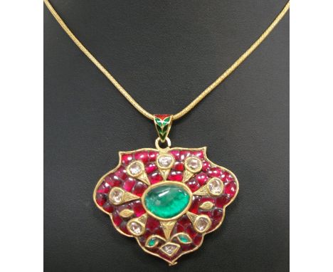 An Indian Moghul Emerald, Diamond & Ruby Double Side Set Pendant on Chain:
an unhallmarked gold Moghul pendant set with preci