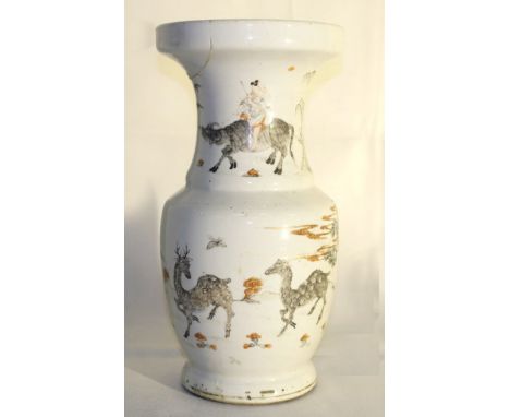 An Early 20th Century Chinese En-Grisaille and Iron Red Vase:
the compact tubular body decorated with a stag and doe grazing 